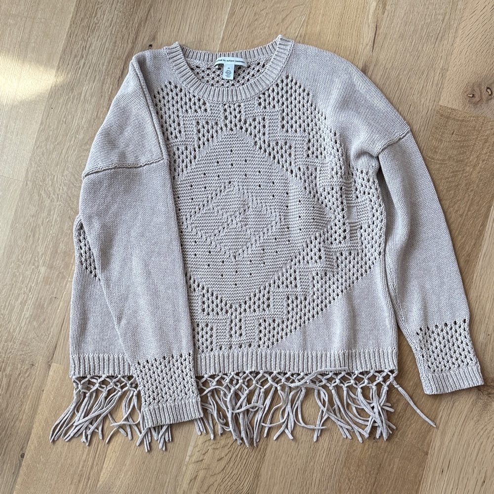 Autumn Cashmere Fringed Knit Sweater - Light Gray/Tan